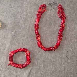 Red Coral Chunky Necklace + Bracelet Set